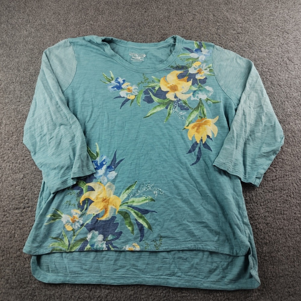 Chico's Top Womens XL 3 Slub Knit Teal Blue‎ Floral 3/4 Sleeve